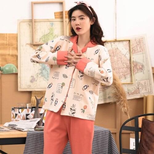 Women spring and autumn cotton pajamas ladies cotton long sleeve lapel Korean sweet casual two piece women pajama sets
