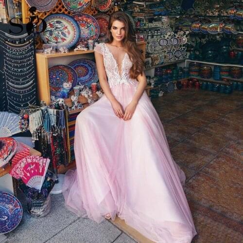 SoDigne Pink Beach Wedding Gowns Cap Sleeves High V Neck Sexy Bridal Gowns Lace Appliques Women Boho Wedding Dress