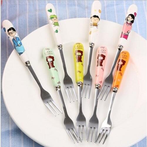 5ps/lot Practical Kitchen Accessories Ceramic Handle Fruit Forks Stainless Steel Mini Size Snack Dessert Cake Forks KW 030