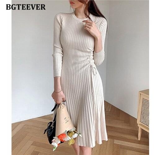 BGTEEVER Chic Elegant Drawstring Women Sweater Dress O-neck Slim Waist Full Sleeve Female A-line Knitted Dress Vestidos Winter