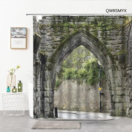 Stone Wall With Arches 3D Bathroom Curtain Landscape Shower Curtains Washable Fabric Hook Home Decoration Wall Bathroom Products