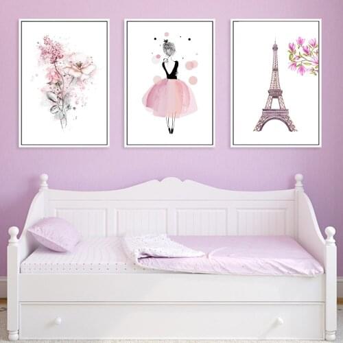 Unframed Canvas Art Print Painting Poster Of Watercolor Girl And Eiffel Tower,Flowers Wall Pictures For Girls Room Decoration