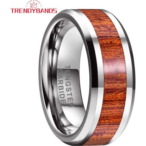 8MM Koa Wood Inlay Mens Womens Tungsten Rings Wedding Band Polished Shiny Beveled Edges Comfort Fit