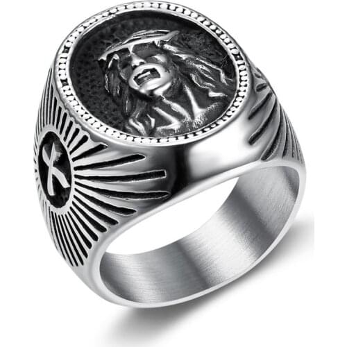 Fashion Retro Stainless steel Jesus Cross Ring Punk Christian Rings For Men Hip Hop Steampunk Jewelry Mens Gifts