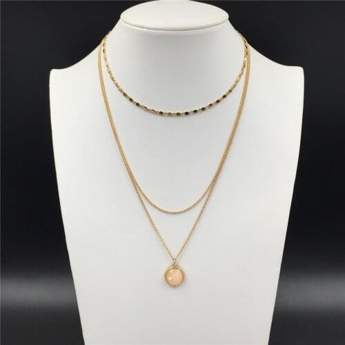 Girly Summer Decoration Light Pink Stone Round Pendant Layered Necklace For Women Statemetn Lovely Elegant Cute Jewelry Access