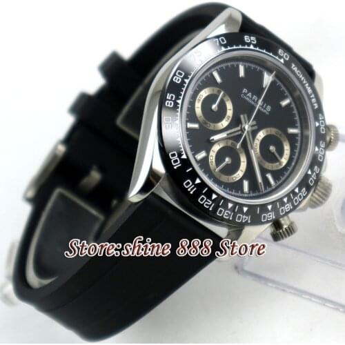 39mm PARNIS black dial sapphire glass cermaic bezel Chronograph quartz mens watch