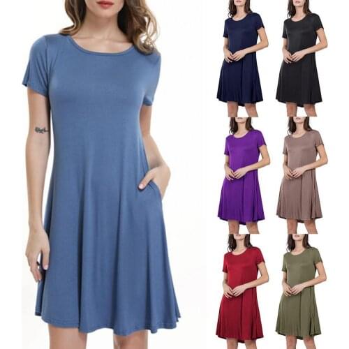 2021 New Fashion Summer Ladies Fashion Round Neck Loose Solid Color Short Sleeve Dress Nightdress Homewear Streetwear