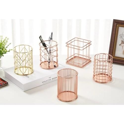 Stationery Metal Gold Rose Gold Desktop Pen Holder For School Boy Girl Gift Office Accessories Organizer Makeup Brush Pencil Box