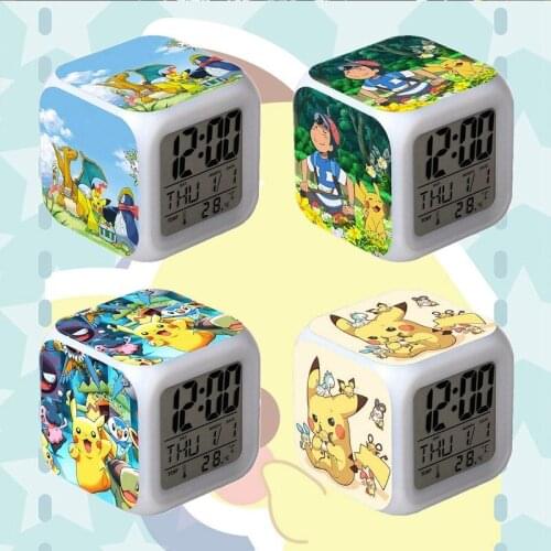 Pokemon Pikachu Anime Character Luminous LED Colorful Flash Alarm CLock Desk Light with Temperature Action Toy for Children