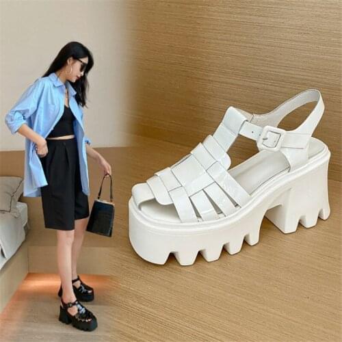 PXELENA Rome Gladiator Sandals Women Split Leather Hollow Out T Tied Chunky Block High Heels Platform Punk Gothic Shoes Summer