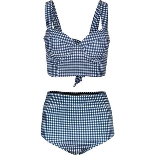 Swimwear Split Bow Plaid Girls High Waist Swimwear for Swimming
