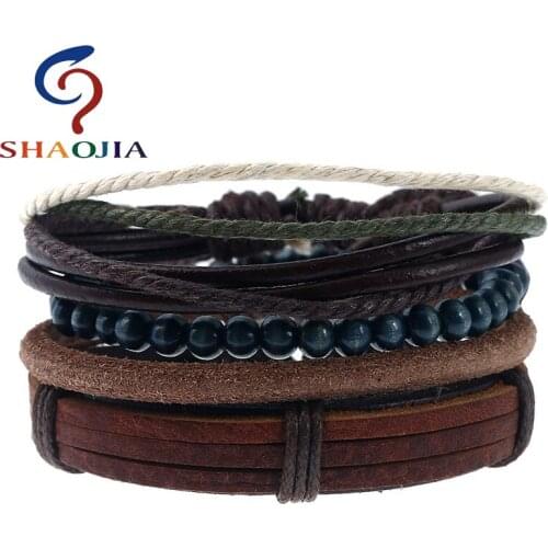 SHAOJIA 1 Set 4 Pcs Black Tiger Eyes Beaded Bracelet Braiding Leather Men Vintage Cuff Bracelets Fashion Geometric Bracelet
