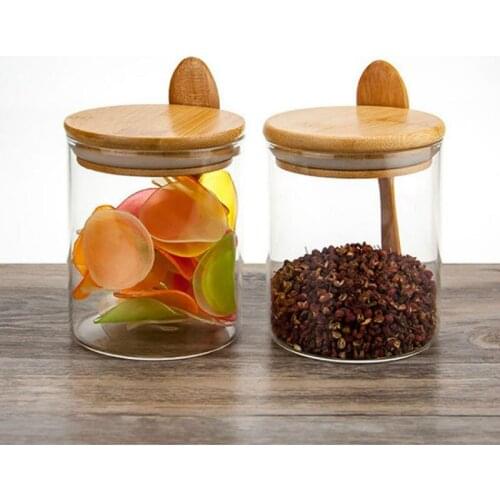 Glass Sealed Can Bamboo Wood Cover Seasoning Containers Three-Piece Kitchen Storage Seasoning Condiment Dispenser Set with Spoon