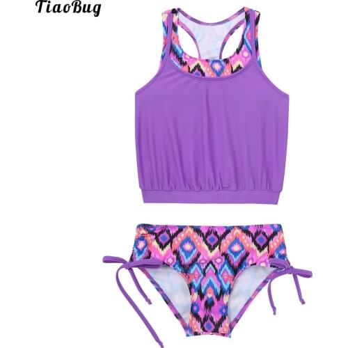 TiaoBug 2Pcs Kids Girls Summer Swimming Suits Sleeveless Racer Back Vest Top And Briefs Sets Beach Bathing Bikini Swimwear