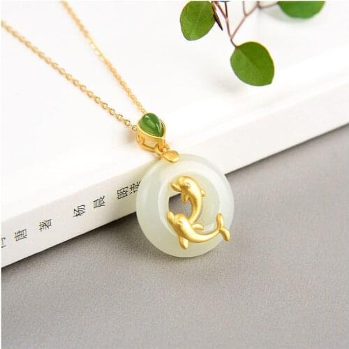 Silver inlaid natural Hetian white jade dolphin Pisces Pendant Necklace Chinese style retro bone rice charm womens jewelry