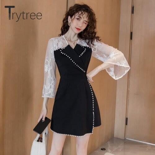 Trytree 2020 Autumn Winter Women Dress Casual V-neck Patchwork Lace Pearl party Fashion Temperament Mini A- line Suit Dress