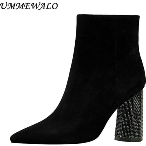 UMMEWALO Ankle Length Flock Boots Women Fashion Pointed Toe High Heel Shoes Ankle Boots Winter Crystal Design Ladies Shoes
