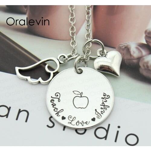 TEACH LOVE INSPIRE Inspirational Hand Stamped Engraved Floating Charms Necklace Gift for Teacher Jewelry,10Pcs/Lot, #LN1718