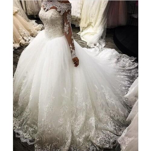 SuperKimJo Robe De Soirée De Mariage White Wedding Dresses Ball Gown Lace Applique Scalloped Neck Princess Wedding Gowns
