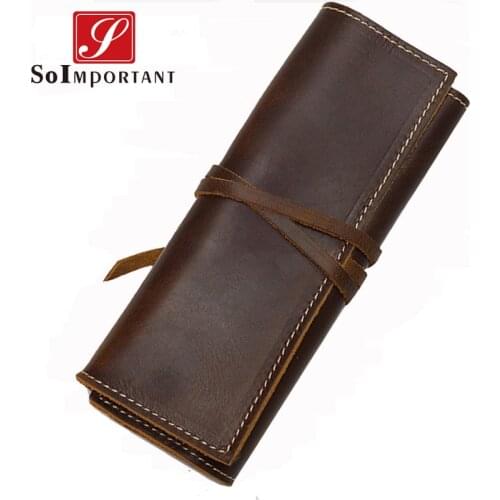 Handmade Vintage Tool Purse Bags Pen Pouch Case Pockets Genuine Leather Wallets For Men And Women Multi Function Organizer Purse