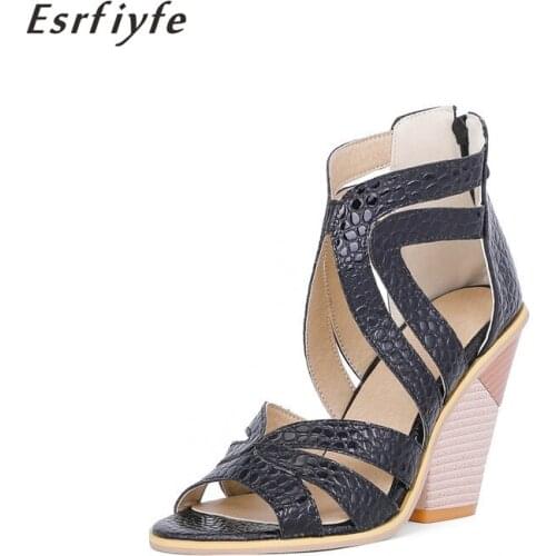 ESRFIYFE 2021 New Sexy Snakeskin Grain Sandals Black Stone Grain Comfortable Zipper Pumps Woman Sandalias Mujer Large Size 34-48