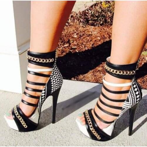 New Summer Brand Woman White Black Red Geometric Chains Open Toe Zip Back High Quality Cheap Platform High Heel Sandals Shoes