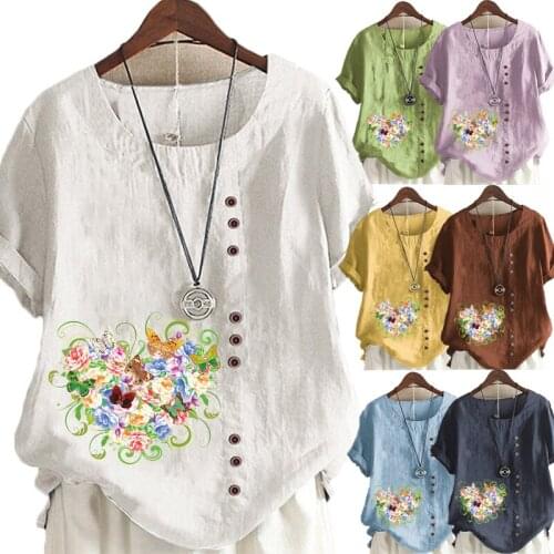 Women Summer Casual Flowers Print Loose T-shirts Vintage Cotton and Linen O-Neck Plus Size Short Sleeve Blouse Tops S-5XL