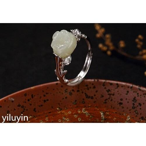 KJJEAXCMY Boutique jewelry S925 Sterling Silver Antique inlay and jade white jade flower lady high-end open ring