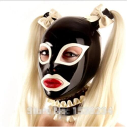 100%Latex Hood Cat Mask Rubber fetish hood ponytail with Zip on Back Costumes Accessories for Party halloween