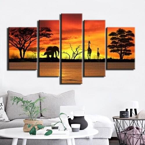 100%Hand Painted Landscape painting Abstract Animal Elephant and Giraffe Home Decor Oil Painting on Canvas 5 Panels Wall Art