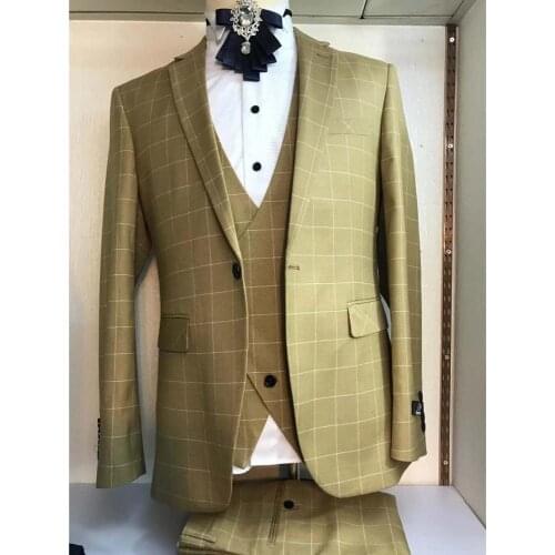 2020 Fashion Plaid Suit Men 3 Pieces Slim Fit Men Suits for Wedding Prom Man Blazer Yellow Groom Tuxedo Dress Jacket Pants Vest