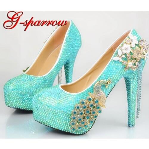 2021 Baby Blue AB Crystal Color Wedding Shoes Gorgeous Rhinestone Bride Formal Dress Shoes Customized Phoenix Women Pumps