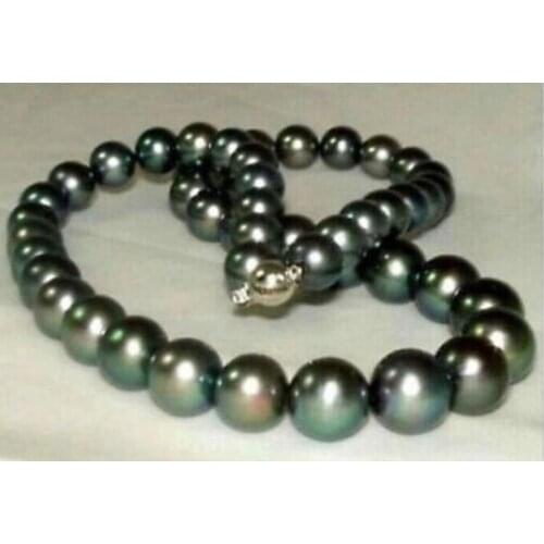 AAA 10-11mm natural Tahitian black green pearl necklace 18inch