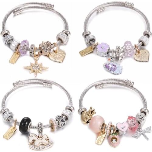 DIY stainless steel titanium steel bracelet gold eight-pointed star pink love crown pony beaded bracelet jewelry wholesale