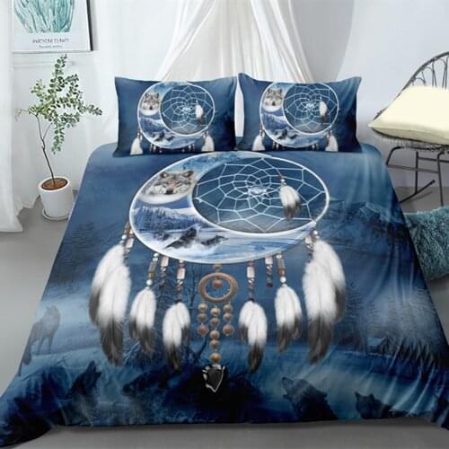 Fanaijia 3D Dreamcatcher Wolf Duvet Cover Set with Pillowcase Bohemian Blue Bedding Set King Comforter Set
