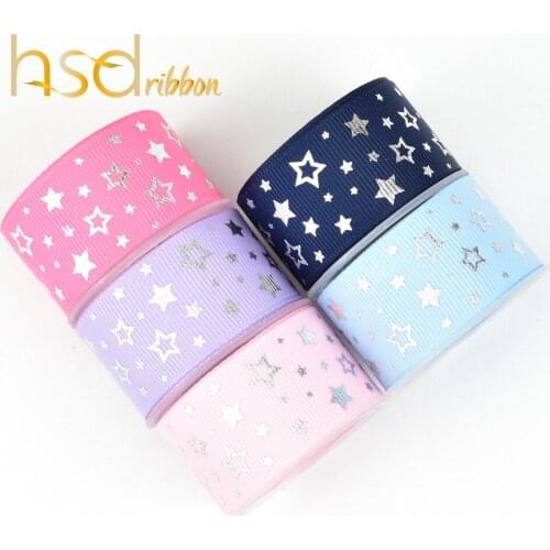 HSDRibbon 1" 25mm silver foil star on Grosgrain Ribbon 50Yards/Roll