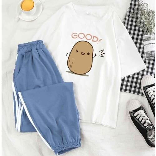 Kawaii Pajama Set Sleepwear Women Cute Potato Print Homewear Pants Nightgown Sleepwear Lady Lounge Wear Set Pj Nightwear Pyjamas