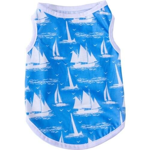 Pet Dog Summer Clothes Puppy Kitten White Sailboat Printed T-shirt Cute Striped Pet Sleeveless Vest Bulldog Shirt Clothing