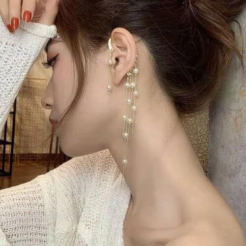 In 2021 Han Edition Fashion Earrings Imitation Pearl Long Tassels Recreational Style Ear Clip Charm Of Women Present Gift