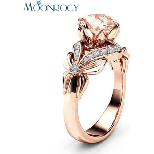 MOONROCY Cubic Zirconia Rose Gold Color Champagne Crystal CZ Rings Jewelry Wholesale Flower for Women Gift Drop Shipping Gift