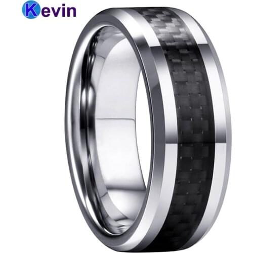 Mens Womens Tungsten Carbide Ring Wedding Band With Black Carbon Fiber Inlay 8MM Comfort Fit