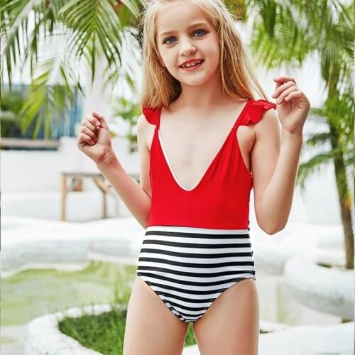 2021 New Girls One-Piece Swimsuit Red Striped Patchwork Bikini Ruffled Big Kids Swimwear Deep V Bathing Suit Child Beachwear