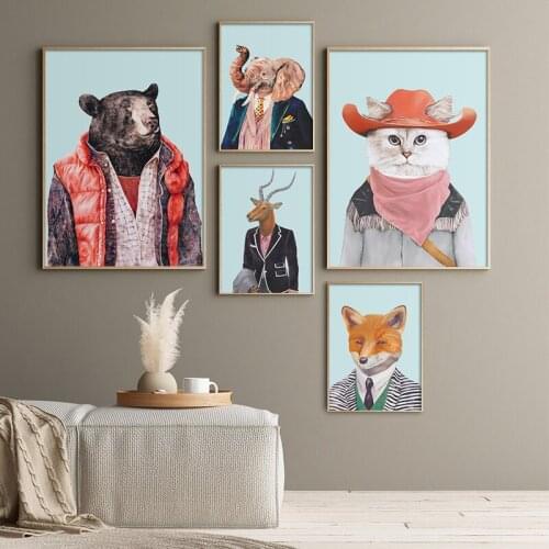 Lovely Animal Wearing a Hat Clothes Canvas Poster Print Bear Elephant Cat Fox Deer Wall Art Decorative Baby Nursery Bedroom Zoo