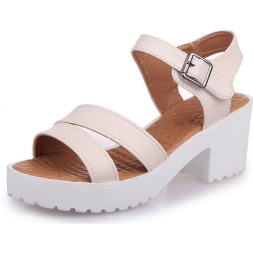 Original Fish Snout Chunky Women Sandals Buckle Belt High Heeled Solid Color Women Shoes Large Size 45 Women Shoes