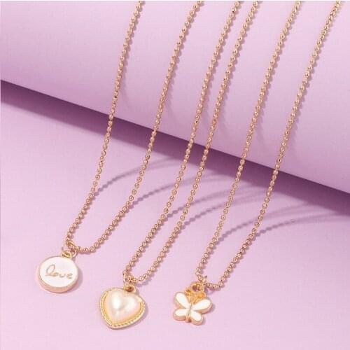 Cute Love Heart Imitation Pearl Choker Necklace Collar Statement Beads Chain Enamel Butterfly Pendant Necklace for Women Jewelry