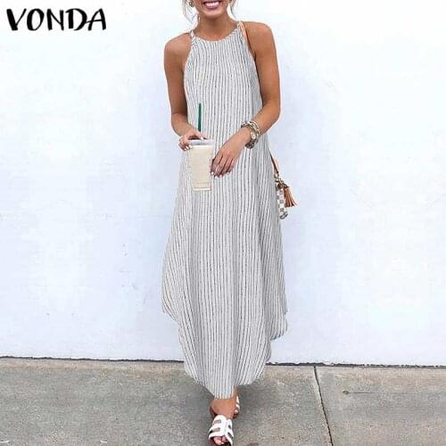 VONDA Holiday Women Dress Spaghetti Strap Asymmetric Hem Long Dress 2021 Summer OL Striped Vestido Casual Kaftan Dress