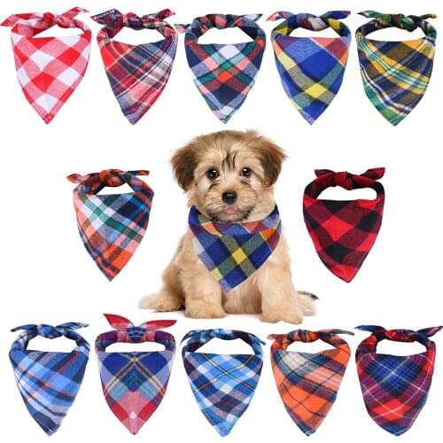Adjustable Plaid Dog Bandana Pet Dog Cat Neck Scarf Cleaning Triangle Bandage Towel Grooming Dog Pet Accessories