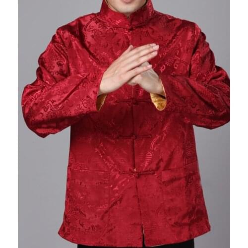 Mens Red Gold Black Blue Colors Traditional Chinese Clothing Chinese Traditional Wear Long Sleeve Two Sided Mens Shirts For Men