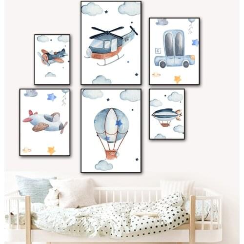 Cartoon Plane Hot Air Balloon Wall Art Print Nursery Helicopter Poster Canvas Painting Wall Pictures For Kids Boys Room Decor