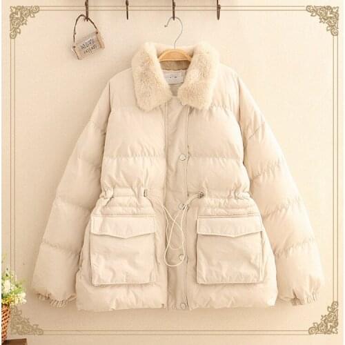 Girls warm cotton-padded clothes new style autumn winters fashion wool collars show thin draw string waist coat